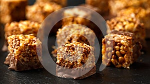 Crispy rice bar, snack with caramel and chocolate on rustic background