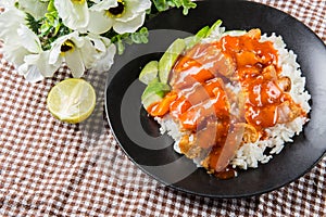 Crispy roasted belly pork chinese style and rice