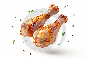 Crispy roasted chicken drumsticks isolated on white