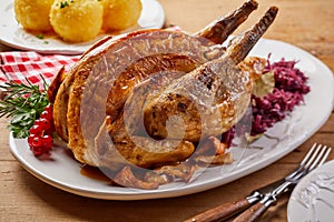 Crispy roasted pheasant with red cabbage