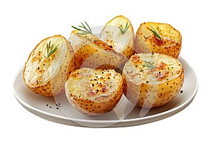 Crispy roasted potatoes in white dish isolated on white background