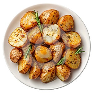 Crispy roasted potatoes in white dish isolated on white background. Top view