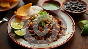 Crispy shredded beef vaca frita served with lime and sides on a plate photo