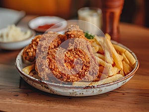 Crispy southern fried chicken and french fries