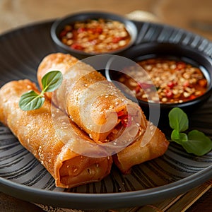 Crispy spring roll with savory sauce, perfect appetizer or snack