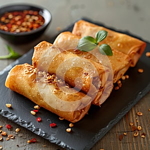 Crispy spring roll with savory sauce, perfect appetizer or snack