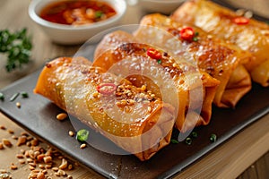 Crispy spring roll with savory sauce, perfect appetizer or snack