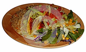 Crispy tacos with chicken, Mexican rice and salad, isolated
