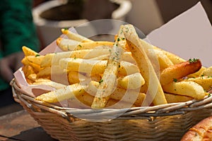 Crispy tasty french fries in a basket
