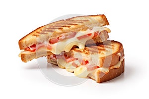 Crispy toasted sandwich with ham, melted cheese, tomato isolated on white background. Street food