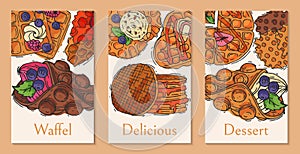 Crispy wafer cards chocolate cream flavor belgian dessert cookie poster vector illustration. Sweet food snack biscuit