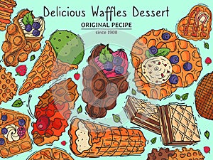 Crispy wafer recipe poster chocolate cream flavor belgian dessert cookie vector illustration. Sweet food snack biscuit