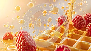 Crispy waffles topped with fresh raspberries and honey splashes on a warm golden background, concept of sweet breakfast photo