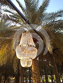 Cristal chandlier hanging in the public park at Al Murabaa