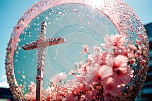 Cristal cross on the background of a mirror with pink flowers