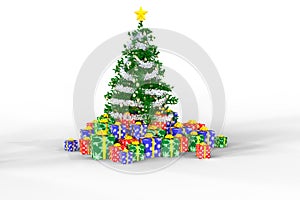 Cristamas tree and gift boxes on a white backgroun