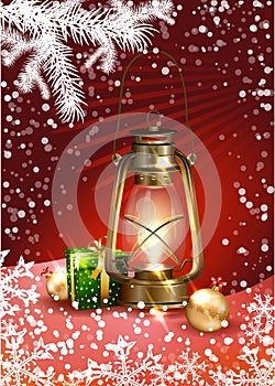 Cristmas card with antique lamp and gift  Merry Cristmas greeting card and Happy New Year card