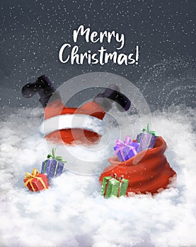 cristmas card with funny Santa Claus stick in snowdrift, comic clipart, holiday illustration with cartoon character