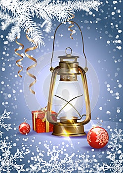 Cristmas card with gift and antique lamp Happy New Year card and  Merry Cristmas greeting card