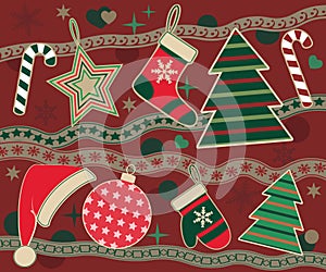 Cristmas composition on a dark red background. Scrapbook elements.