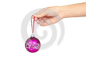 Cristmas decoration, glass blue ball in hand isolated on white background. New Year object