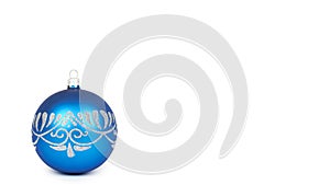 Cristmas decoration, glass blue ball isolated on white background. New Year object. copy space, template