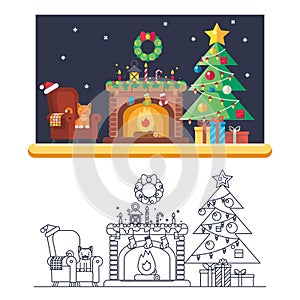 Cristmas Room New Year Santa Claus Icons Greeting Card Elements Flat Lineart Design