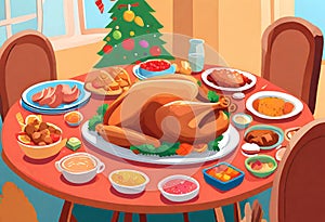 Illustration of a dining table with typical Christmas foods and a beautiful roast turkey in the center