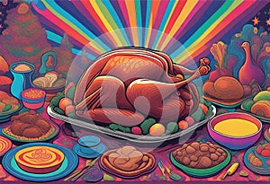 Illustration of a dining table with typical Christmas foods and a beautiful roast turkey in the center