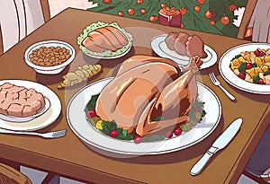 Illustration of a dining table with typical Christmas foods and a beautiful roast turkey in the center