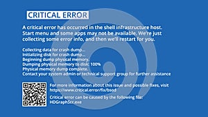 Critical error. BSOD screen - warning about an unrecoverable error requiring technical support from a specialist photo