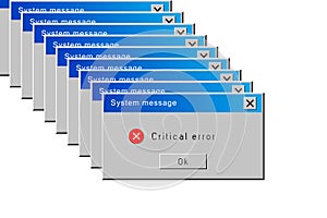 Critical error message. Retro operating system window with system message and alert about critical error. Old user interface 90s