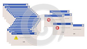 Critical error. System message screen old style. Virus popup icon. Vector pc alert. Vector illustration