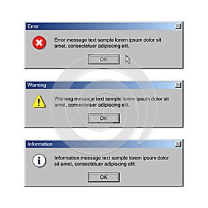 Critical error, warning and information messages. User interface of retro operation system