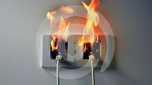 Critical fire hazard wall socket engulfed in electrical flames, posing imminent danger photo
