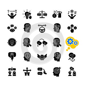 Critical thinking black glyph icons set on white space