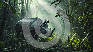 Critically Endangered Javan Rhino Walking Through Dense Jungle photo