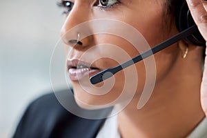 Crm, call center and business woman face with headset and phone consultation. Contact us, telemarketing and web support