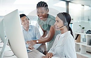 Crm, call center and computer with training, team and smile at office for learning with manager. Man, woman and