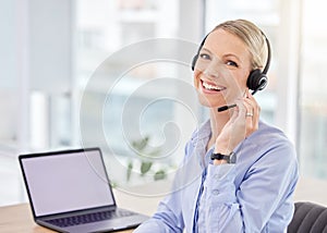 Crm, call center and telemarketing woman worker with blank computer screen on a tech consultation. Portrait of a