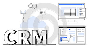 CRM Concept with Cloud Integration, Data Management, and User Interface Elements