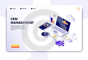 Crm concept. Customer relationship management. Database web system solution. Isometric landing page