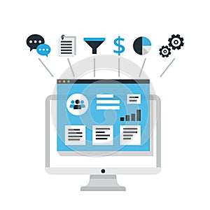 CRM concept design with elements. Flat icons of accounting system, clients, support, deal. Organization of data on work wit