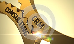 CRM Consulting Concept. Golden Metallic Cogwheels. 3D.