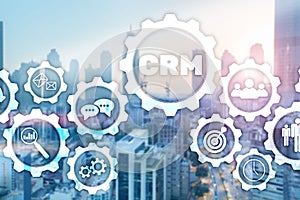 CRM Customer Management Analysis Service Concept. Graphics on blurred office background.