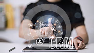 CRM Customer Relationship Management for business sales marketing system concept presented in futuristic graphic interface of