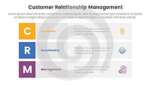 CRM customer relationship management infographic 3 point stage template with 3 block row rectangle content stack for slide