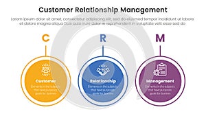 CRM customer relationship management infographic 3 point stage template with big circle outline horizontal for slide presentation