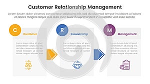 CRM customer relationship management infographic 3 point stage template with box information and arrow direction for slide