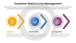 CRM customer relationship management infographic 3 point stage template with circle and arrow shape right direction for slide